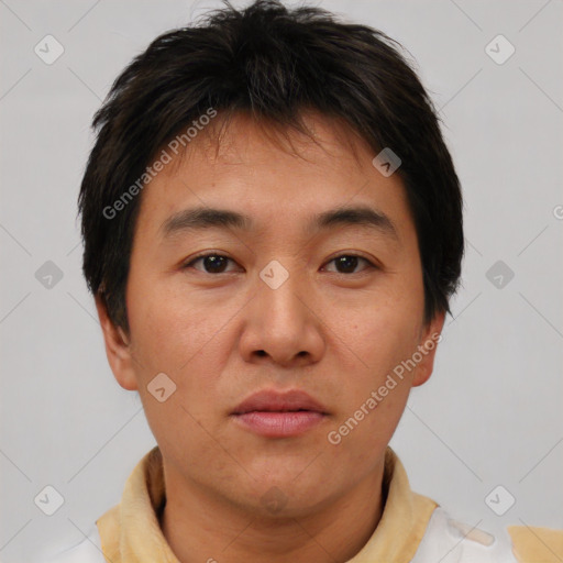 Neutral asian young-adult male with short  brown hair and brown eyes