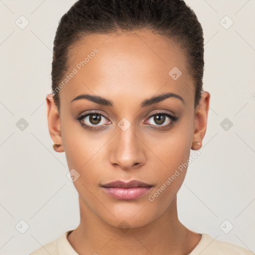 Neutral latino young-adult female with short  brown hair and brown eyes