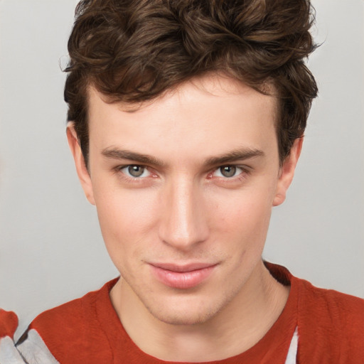 Neutral white young-adult male with short  brown hair and grey eyes