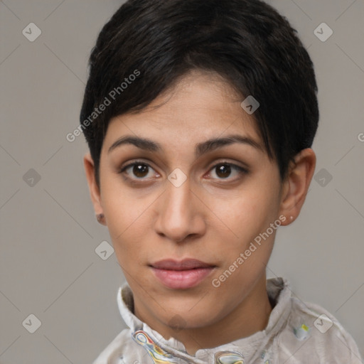 Joyful latino young-adult female with short  brown hair and brown eyes