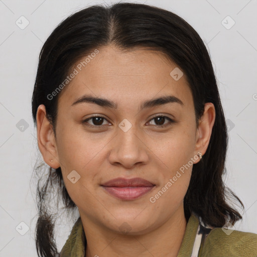 Joyful latino young-adult female with medium  brown hair and brown eyes