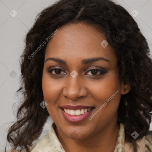 Joyful black young-adult female with medium  brown hair and brown eyes