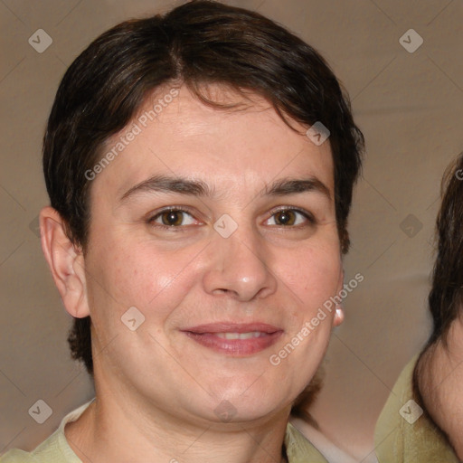 Joyful white adult male with medium  brown hair and brown eyes