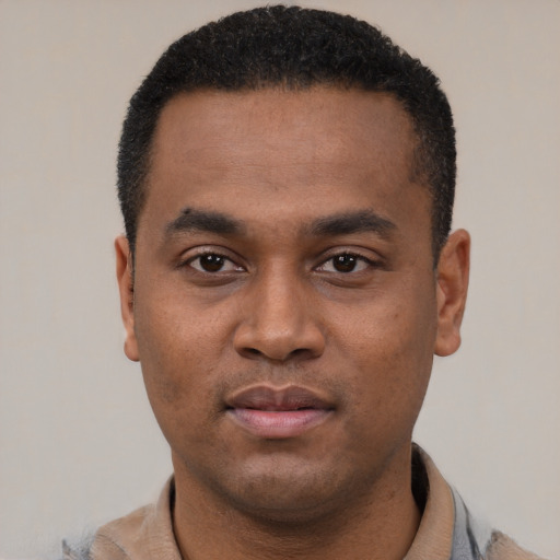 Neutral black young-adult male with short  black hair and brown eyes