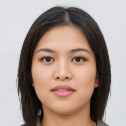 Neutral asian young-adult female with long  brown hair and brown eyes