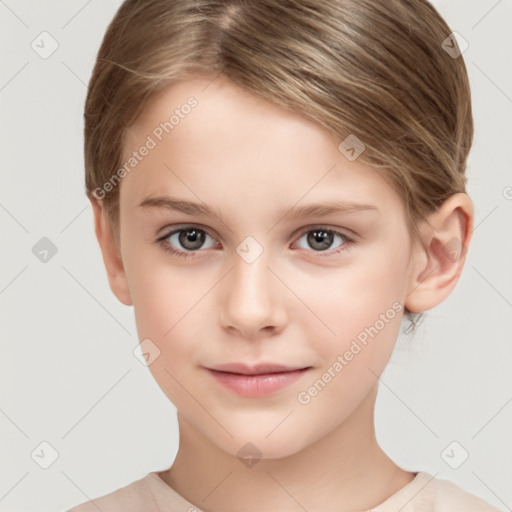 Joyful white child female with short  brown hair and brown eyes