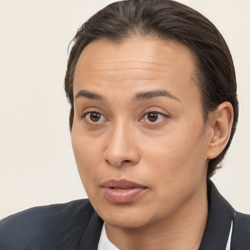 Neutral white young-adult female with medium  brown hair and brown eyes