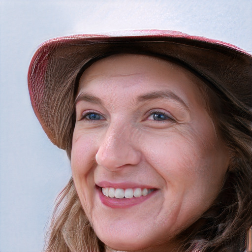 Joyful white adult female with long  brown hair and blue eyes