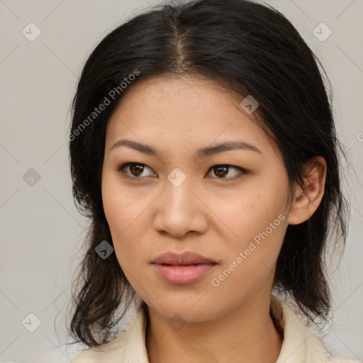 Neutral asian young-adult female with medium  brown hair and brown eyes