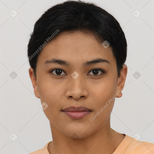 Joyful asian young-adult female with short  brown hair and brown eyes