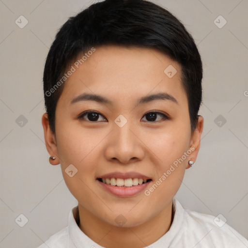 Joyful asian young-adult female with short  black hair and brown eyes