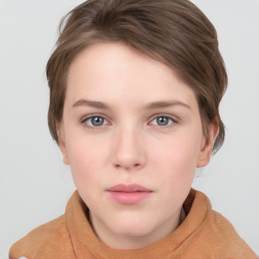 Neutral white young-adult female with short  brown hair and grey eyes