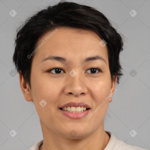 Joyful asian young-adult female with short  brown hair and brown eyes