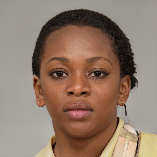 Neutral latino young-adult female with short  brown hair and brown eyes