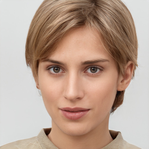 Neutral white young-adult female with short  brown hair and grey eyes