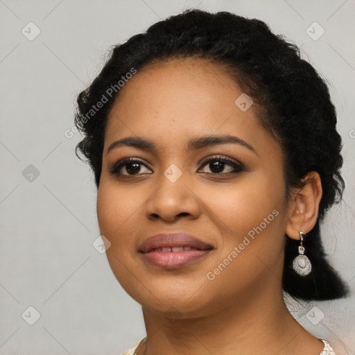 Joyful latino young-adult female with long  black hair and brown eyes