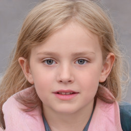 Joyful white child female with medium  brown hair and blue eyes