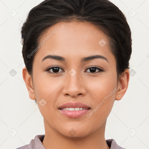 Joyful white young-adult female with short  brown hair and brown eyes