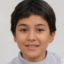 Joyful white child female with short  brown hair and brown eyes