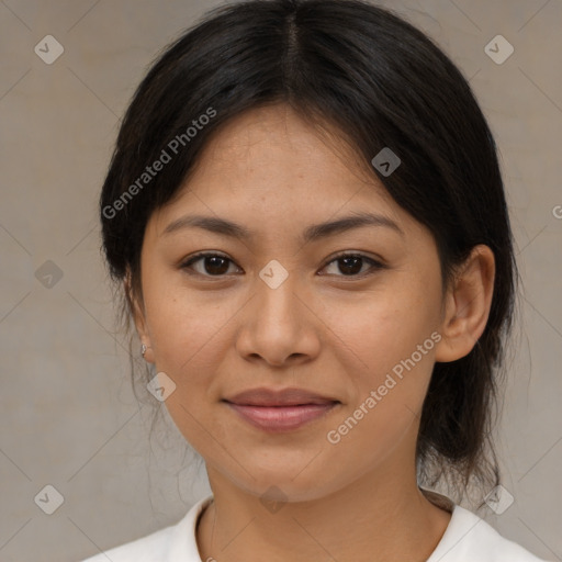 Joyful asian young-adult female with medium  brown hair and brown eyes