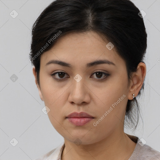 Neutral asian young-adult female with short  brown hair and brown eyes