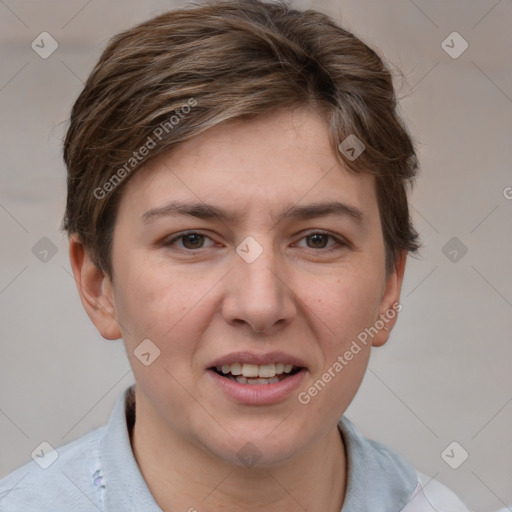 Joyful white young-adult female with short  brown hair and grey eyes