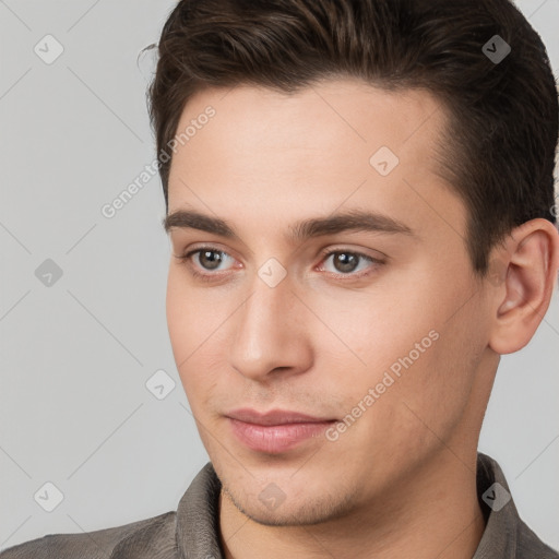 Neutral white young-adult male with short  brown hair and brown eyes