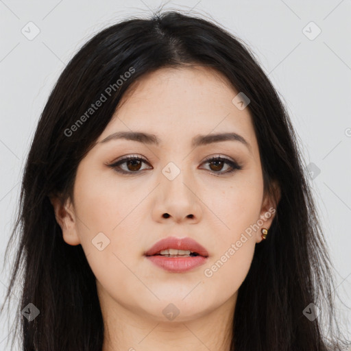 Neutral asian young-adult female with long  brown hair and brown eyes