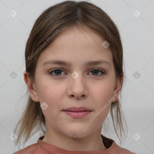 Joyful white child female with medium  brown hair and brown eyes