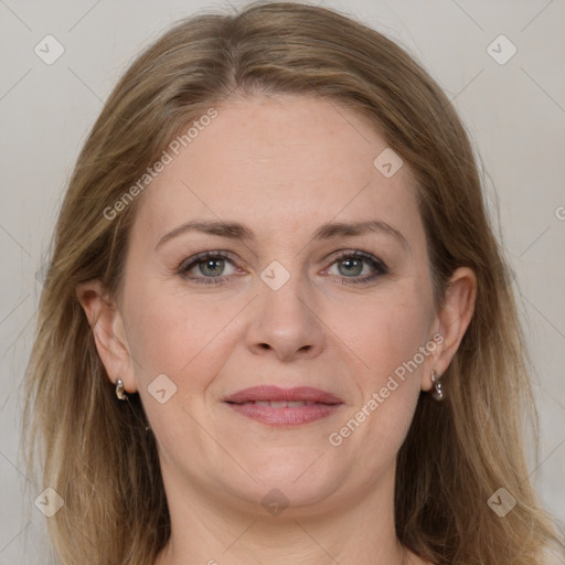 Joyful white adult female with medium  brown hair and grey eyes