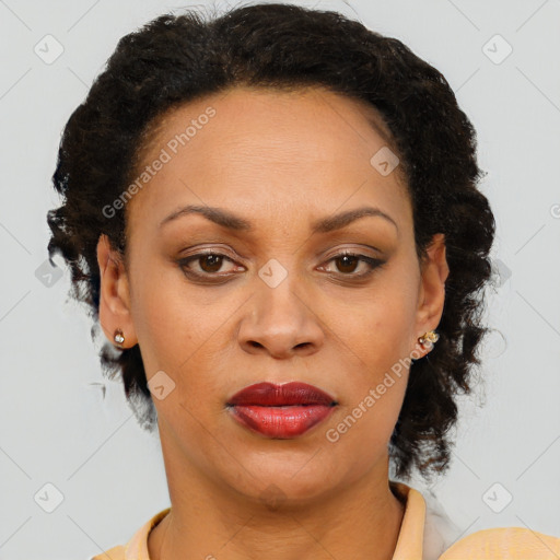 Joyful black adult female with medium  brown hair and brown eyes