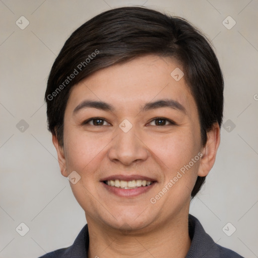 Joyful white young-adult female with short  black hair and brown eyes