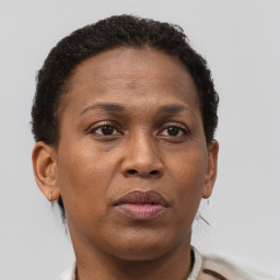 Neutral black adult female with short  brown hair and brown eyes