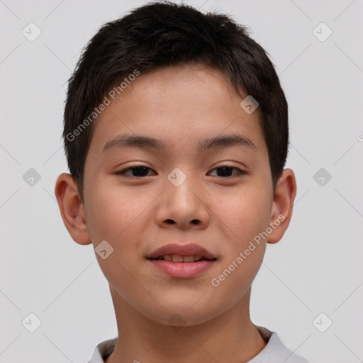Joyful white child male with short  brown hair and brown eyes