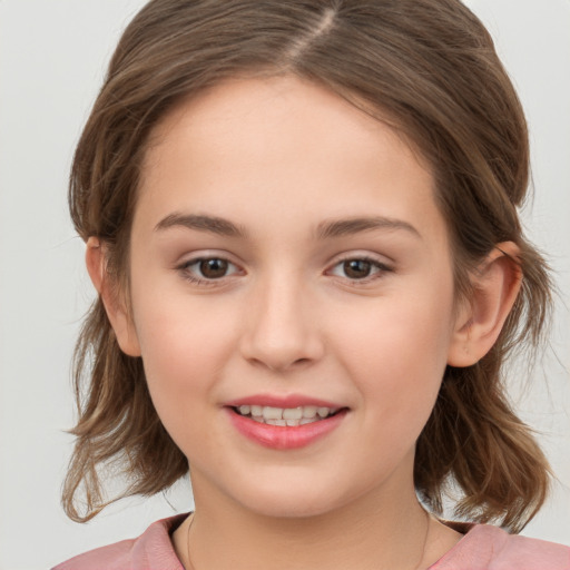 Joyful white child female with medium  brown hair and brown eyes