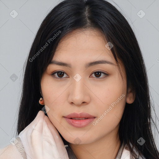 Neutral asian young-adult female with long  black hair and brown eyes