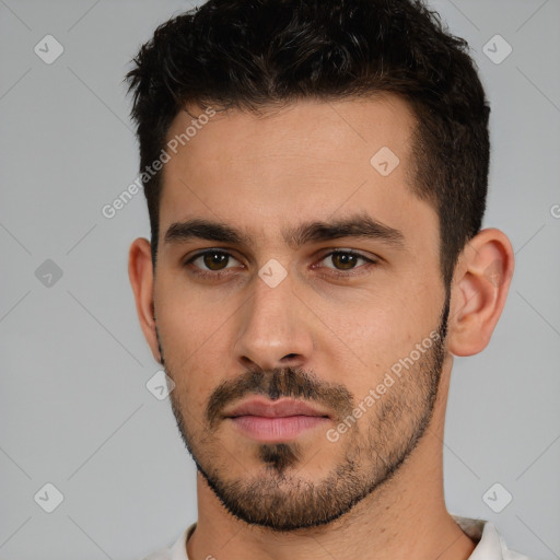 Neutral white young-adult male with short  brown hair and brown eyes