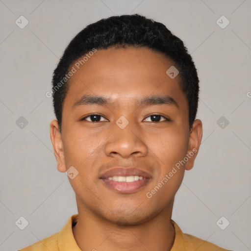 Joyful latino young-adult male with short  black hair and brown eyes