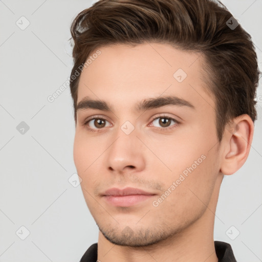 Neutral white young-adult male with short  brown hair and brown eyes