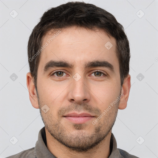 Neutral white young-adult male with short  brown hair and brown eyes