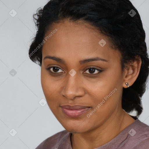 Joyful black young-adult female with medium  brown hair and brown eyes