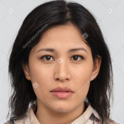 Neutral asian young-adult female with medium  brown hair and brown eyes