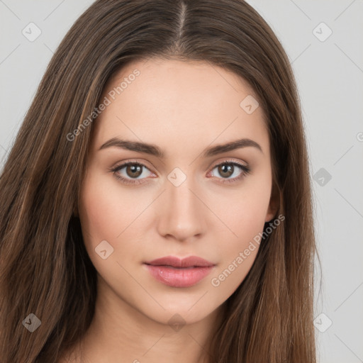 Neutral white young-adult female with long  brown hair and brown eyes