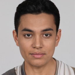 Neutral latino young-adult male with short  black hair and brown eyes