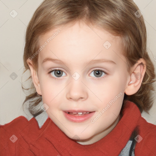 Joyful white child female with medium  brown hair and grey eyes