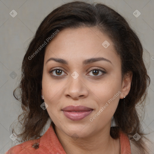 Joyful latino young-adult female with medium  brown hair and brown eyes