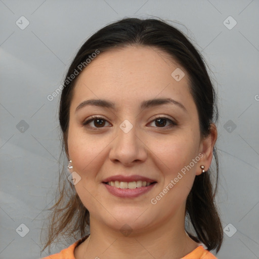 Joyful white young-adult female with medium  brown hair and brown eyes