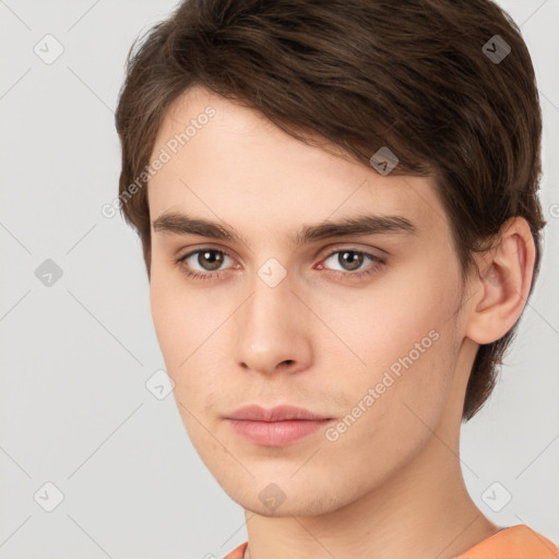 Neutral white young-adult male with short  brown hair and brown eyes