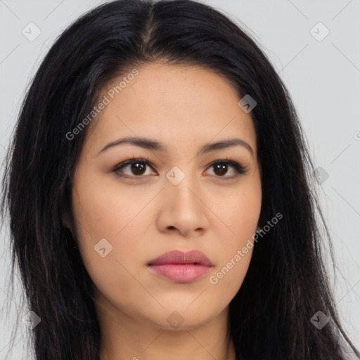 Neutral latino young-adult female with long  brown hair and brown eyes