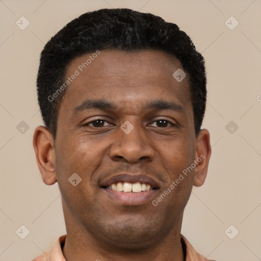 Joyful latino young-adult male with short  brown hair and brown eyes